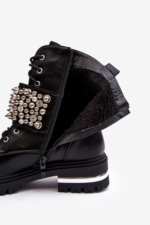 Damskie Ocieplane Botki Workery Zdobione Czarne Lennen