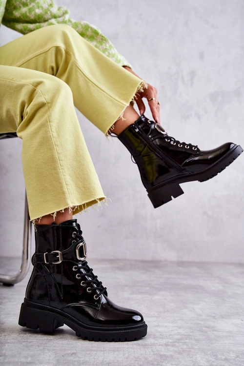 Lakierowane Ocieplane Damskie Botki Czarne Costello