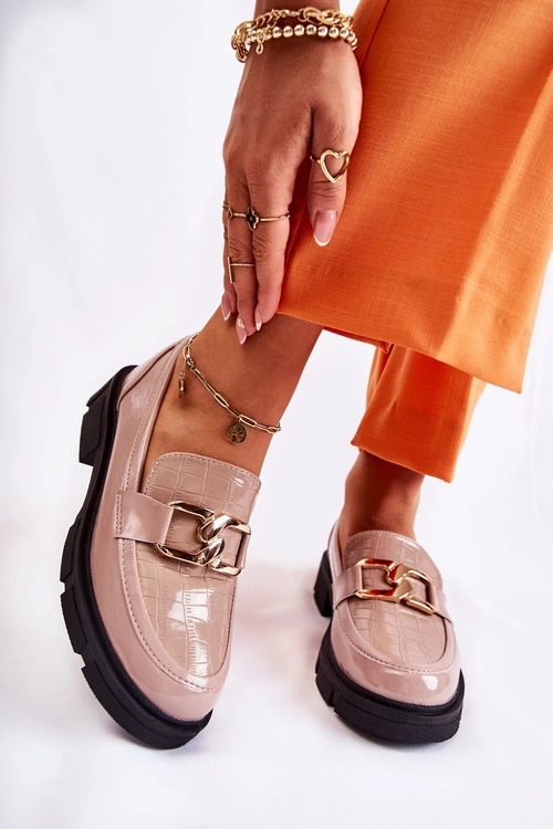 Modne Skórzane Półbuty Loafery Beżowe Loveliness