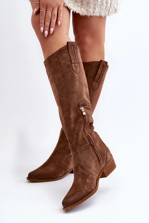 Zazoo 3427 Damskie Zamszowe Kozaki Kowbojki Brązowe