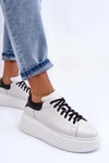 Damskie Buty Sportowe Skórzane na Platformie Biało-Czarne Lemar 10150