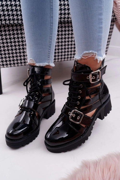 Botki Damskie Płaski Obcas Wiosenne Lakierowane Czarne Single