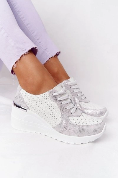 Skórzane Sneakersy Na Koturnie S.Barski Biało-Srebrne
