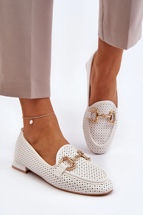 Mokasyny Damskie Na Płaskim Obcasie Z Ozdobą Białe Iluvana