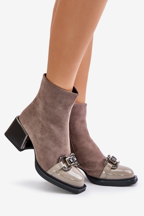 Eleganckie Botki Damskie Na Obcasie Z Ozdobą Szare MR880-127