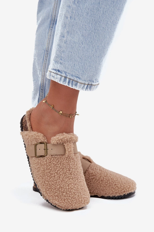 Klapki Damskie Z Futerkiem Typu Baranek Beżowe Lorivine