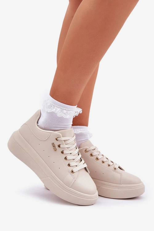 Sneakersy Damskie Na Platformie Eko Skóra Jasnobeżowe Lelandine