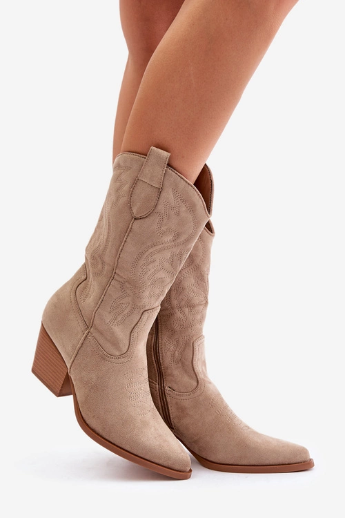 Damskie Kozaki Kowbojki Na Słupku Z Eko Zamszu Beżowe Wendlis