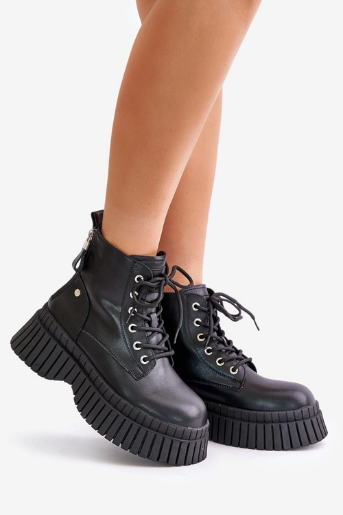 Ocieplane Skórzane Botki Trapery Na Masywnej Podeszwie GOE OO2N4126 Czarne