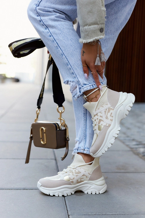 Sneakersy Buty Sportowe Beżowo-Złote Phinell