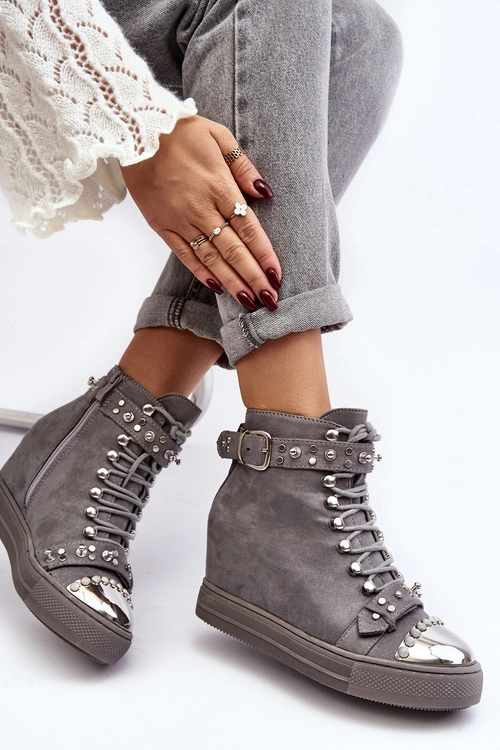 Ocieplane Botki Na Koturnie Z Dżetami Zamszowe Lu Boo Szare