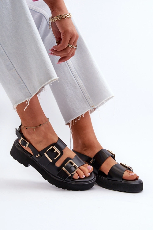 Sandały Damskie Z Klamrami Eko Skórzane Czarne Konanttia