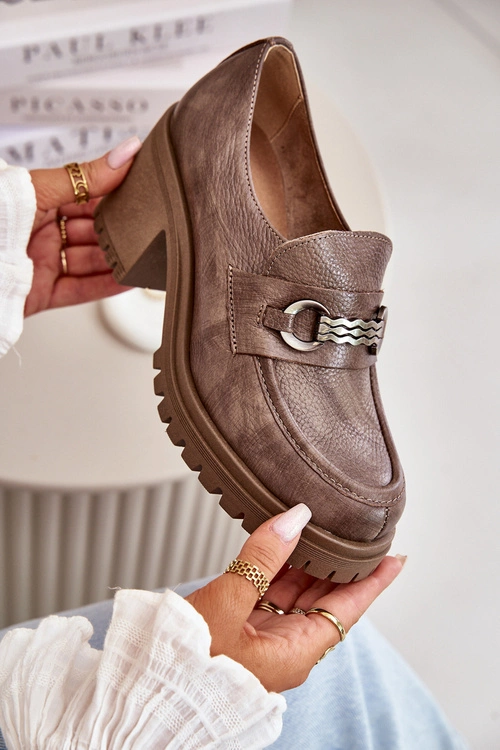 Zazoo 20175 Półbuty Damskie Na Słupku Skóra Naturalna Ciemnobeżowe