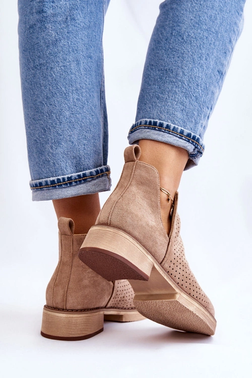 Zamszowe Ażurowe Botki Na Płaskim Obcasie Ciemnobeżowe Angie