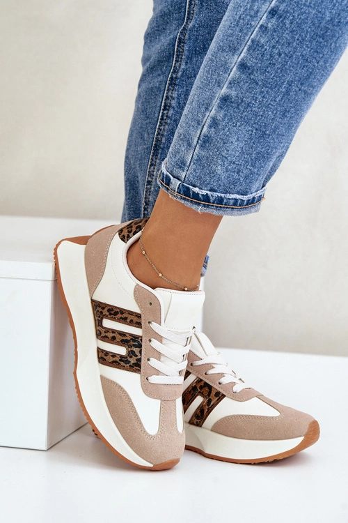 Sneakersy Buty Sportowe Na Platformie Panterka Damskie Beżowe Thari