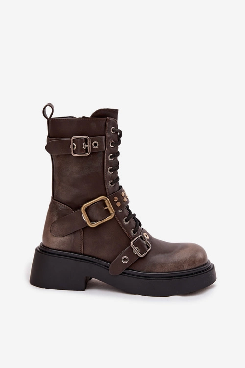 Ocieplane Botki Workery Damskie Z Klamrami Brązowe Marisse