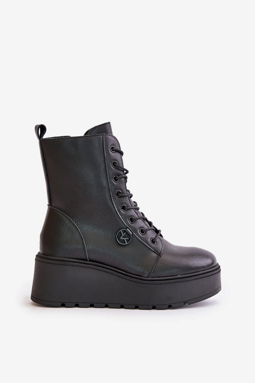 Skórzane Botki Workery Ocieplane Na Platformie I Koturnie Vinceza 58338 Czarne