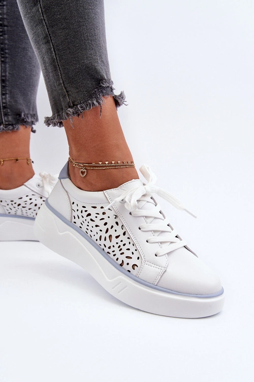Ażurowe Sneakersy Damskie Na Platformie Skórzane Białe Peilaeno