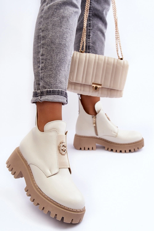 Damskie Skórzane Botki Z Ozdobą Jasnobeżowe Lemar Lusanna