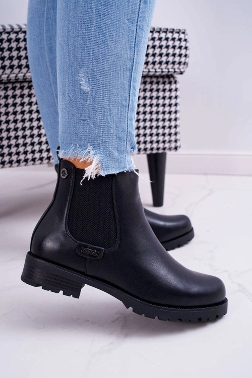 Damskie Botki Płaski Obcas Ocieplane Futerkiem Czarne Hertz