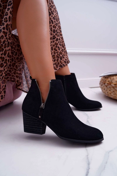 Botki Damskie Na Obcasie Suwak Zamszowe Czarne Farre