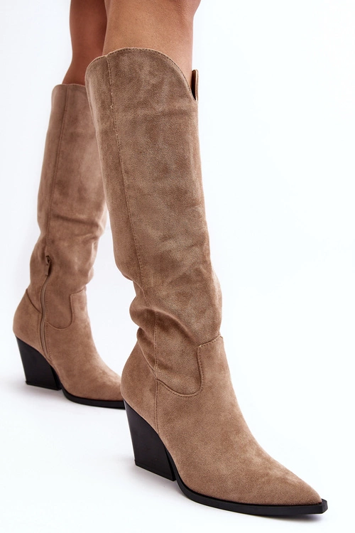 Modne Zamszowe Kozaki Kowbojki Beżowe Delia