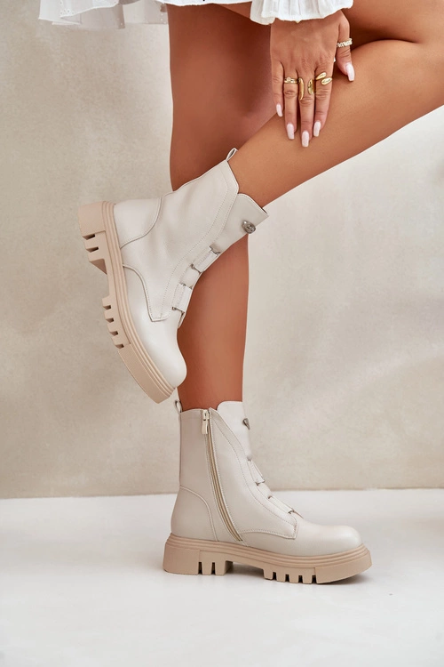 Ocieplane Botki Workery Damskie Na Zamek Eko Skórzane Jasnobeżowe Mailyra