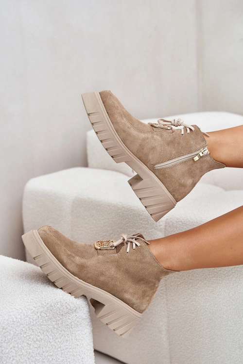 Zazoo 2952 Zamszowe Botki Ze Złotą Ozdobą Beżowe