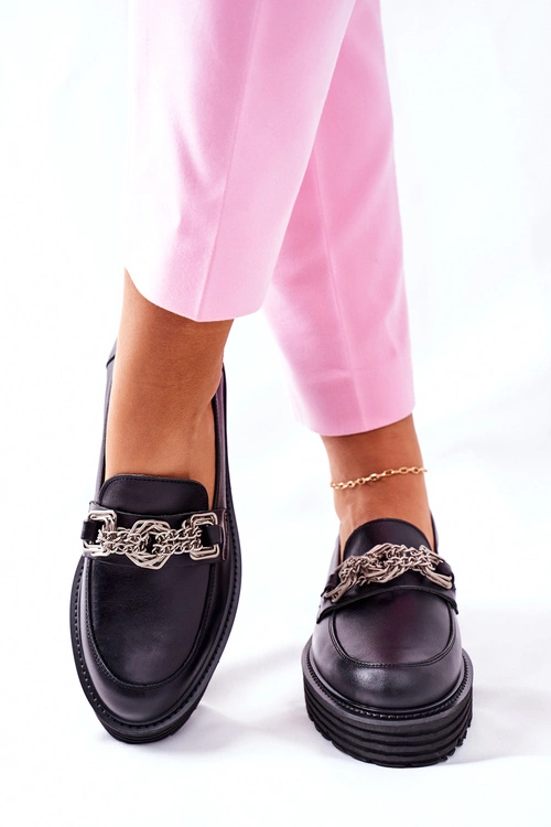 Damskie Półbuty Loafery Skórzane Czarne Laura Messi 2383