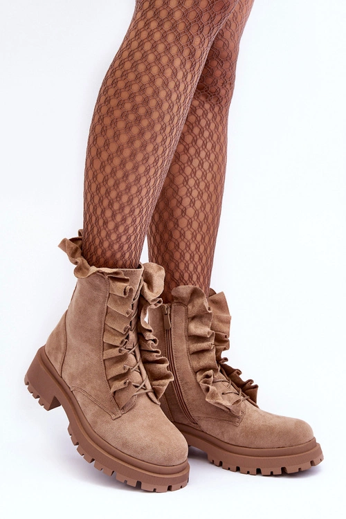 Zamszowe Ocieplane Botki Workery Na Płaskim Obcasie Beżowe Nacelle