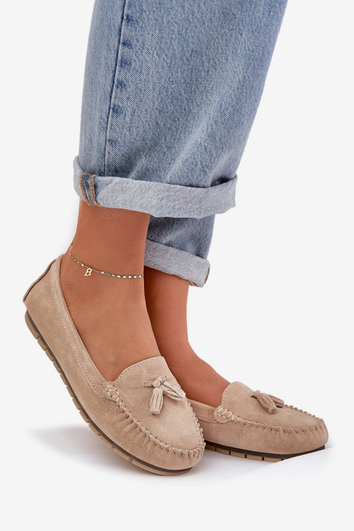 Damskie Płaskie Klasyczne Zamszowe Mokasyny S.Barski LR51-548 Beżowe