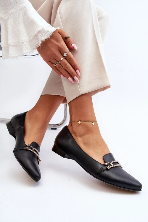 Zazoo 2885 Skórzane Baleriny Z Ozdobą Czarne