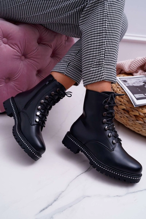 Botki Damskie Płaski Obcas Wysokie Glany Czarne Buena