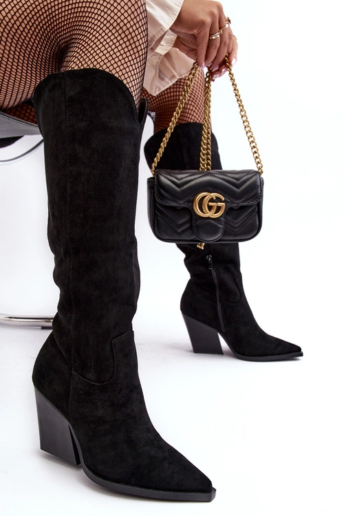 Modne Zamszowe Kozaki Kowbojki Czarne Delia