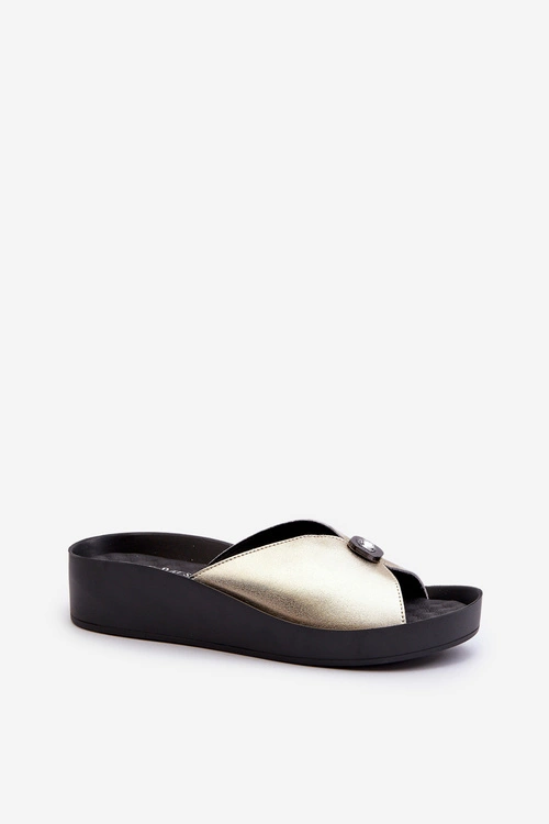 Skórzane Klapki Damskie Z Ozdobą Złote S.Barski KV27-027