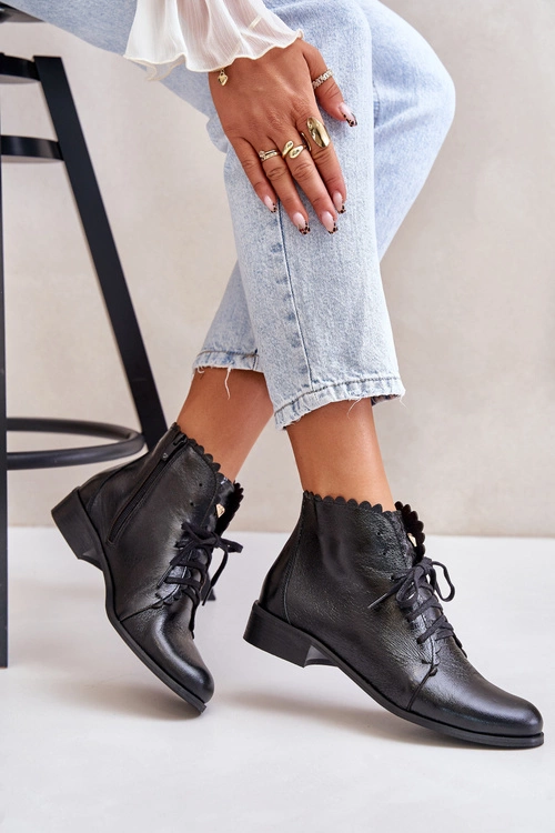 Zazoo 2964 Skórzane Botki Na Płaskim Obcasie Czarne