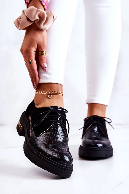 Damskie Skórzane Półbuty Wiązane Czarne Merevin