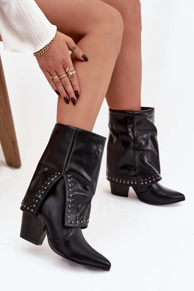 Botki Kowbojki Z Wywiniętą Cholewką I Zdobieniem Ocieplane Czarne Inessia