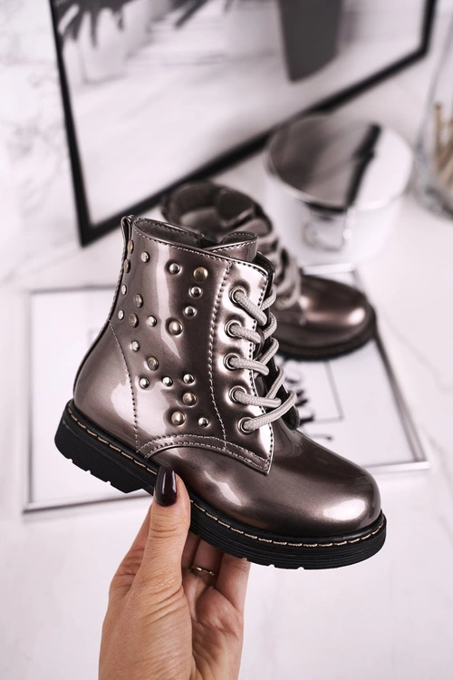 Dziecięce Ocieplane Botki z Dżetami Lakierowane Szare Fame