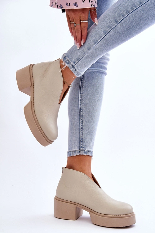 Skórzane Botki Na Masywnym Obcasie Nicole 2795/054 Jasnobeżowe