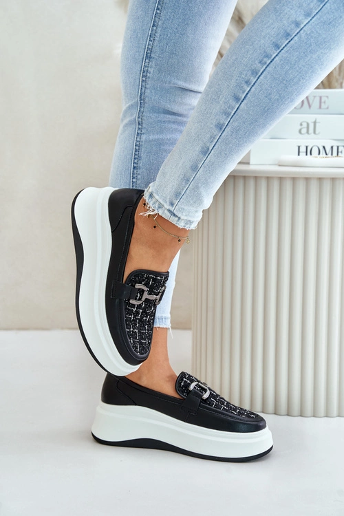 Skórzane Mokasyny Damskie Na Platformie Z Ozdobą Vinceza 89105 Czarne