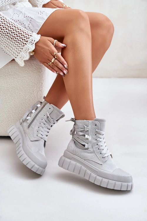Wysokie Trampki Damskie Na Masywnej Platformie Ze Zdobieniem Szare Zaidria