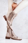 Zazoo 2695 Botki Skórzane Ażurowe Na Suwak Jasnobeżowe