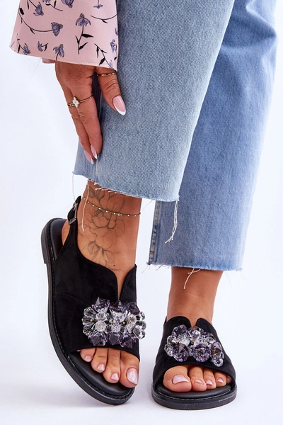 Damskie Zamszowe Sandały Z Kamieniami Czarne Mersea