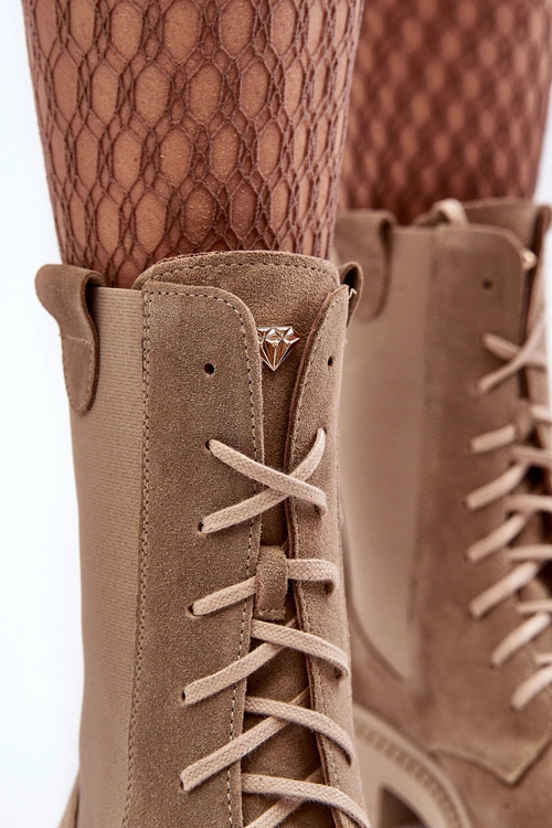 Zamszowe Damskie Botki Workery Sznurowane Beżowe Nicole 2836