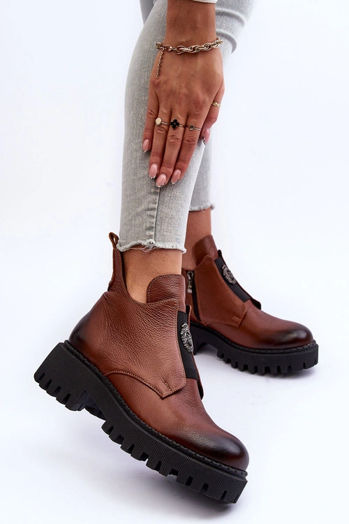 Damskie Skórzane Botki Z Ozdobą Brązowe Lemar Lusanna