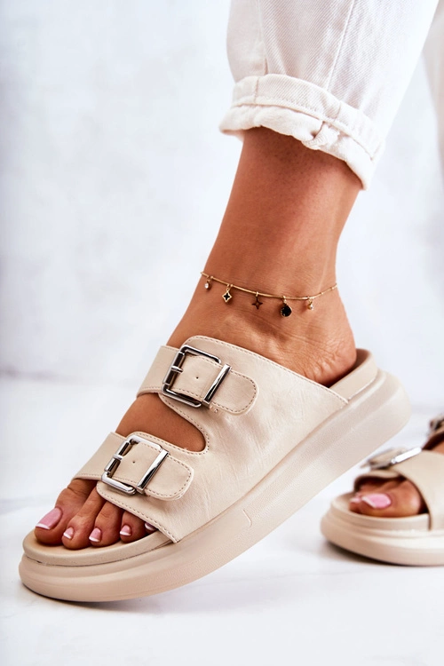 Damskie Skórzane Klapki Ze Sprzączką La.Fi Beżowe Nariss