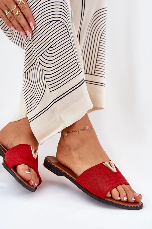 Klapki Damskie Na Płaskim Obcasie Z Ozdobnymi Detalami Czerwone Saliena