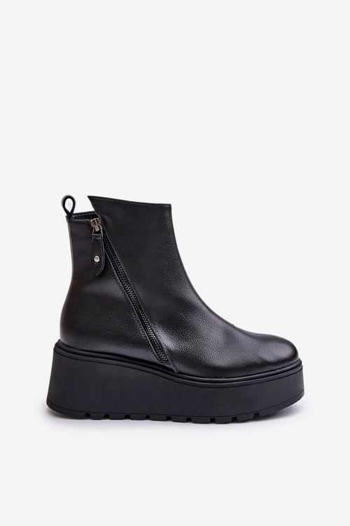 Ocieplane Botki Damskie Na Koturnie I Platformie Skóra Naturalna Czarne Vinceza 58340