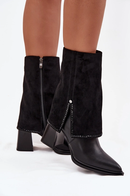 Skórzane Botki Damskie Na Słupku Z Wywiniętą Cholewką Ocieplane Maciejka K7206-01 Czarne